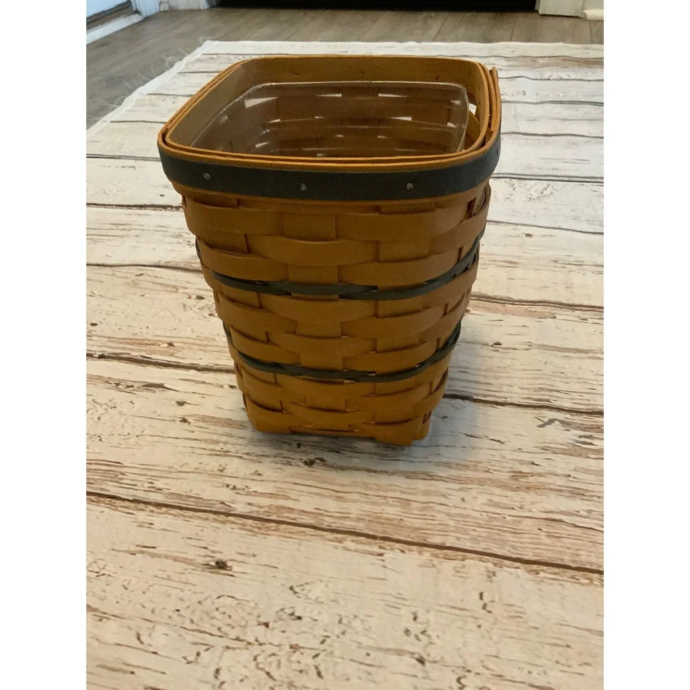 Longaberger 1996 Handwoven Small Tapered Basket with Plastic Liner Green Accents